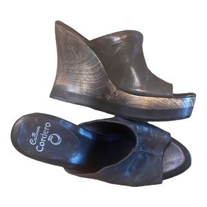 Calleen Cordero handmade leather wooden heel platform wedges chocolate b…